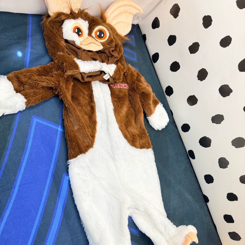 Gremlins Gizmo Costume Baby 0-6M Brown White Faux Fur Plush Hooded Jumpsuit